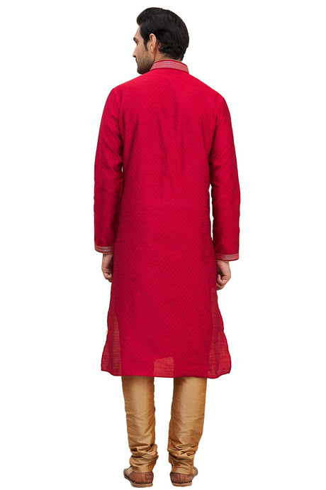 Men's Red Silk Embroidered Full Sleeve Kurta Churidar