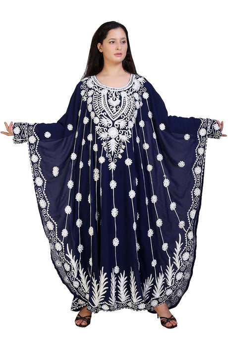 Buy Georgette Embroidered Kaftan Gown in Navy Blue Online