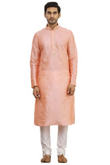 Men's Peach Cotton Embroidered Full Sleeve Kurta Churidar