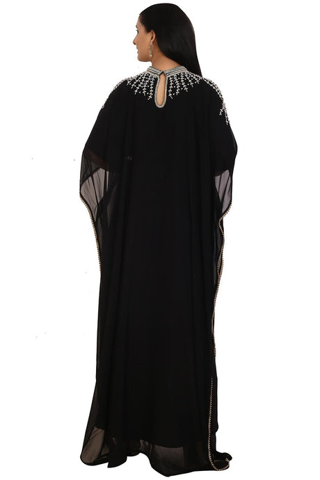 Buy Georgette Embroidered Kaftan Gown in Black Online - Back