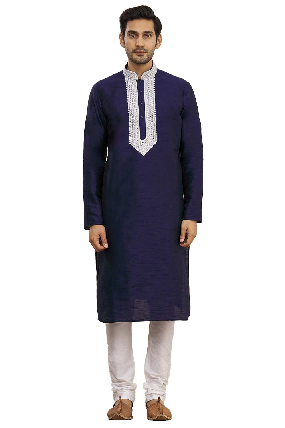 Men's Navy Blue Cotton Embroidered Full Sleeve Kurta Churidar