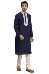 Men's Navy Blue Cotton Embroidered Full Sleeve Kurta Churidar