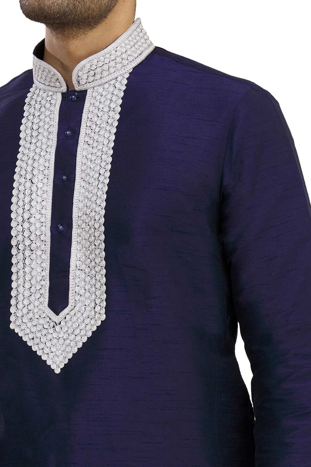 Men's Navy Blue Cotton Embroidered Full Sleeve Kurta Churidar