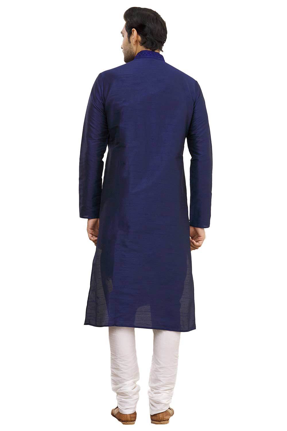 Men's Blue Cotton Embroidered Full Sleeve Kurta Churidar