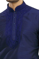 Men's Blue Cotton Embroidered Full Sleeve Kurta Churidar