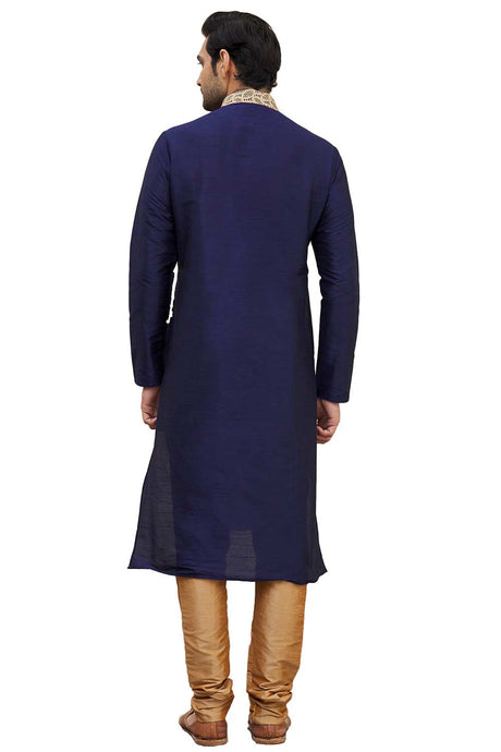 Men's Navy Blue Cotton Embroidered Full Sleeve Kurta Churidar