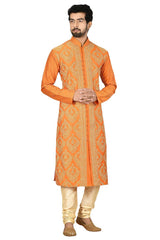 Men's Orange Cotton Embroidered Full Sleeve Kurta Churidar