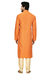 Men's Orange Cotton Embroidered Full Sleeve Kurta Churidar