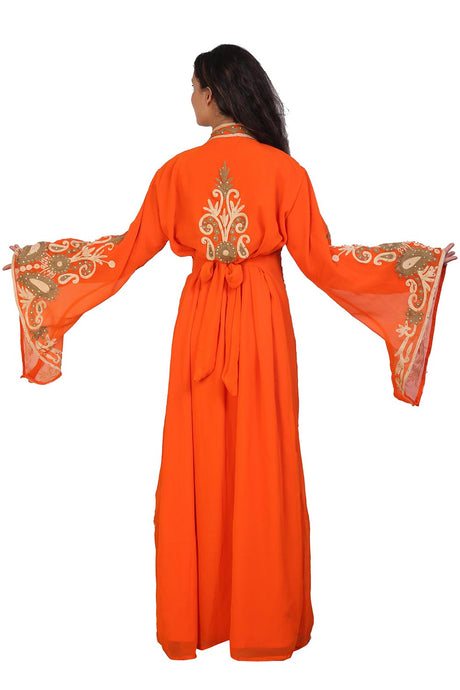 Buy Georgette Embroidered Kaftan Gown in Orange Online - Back