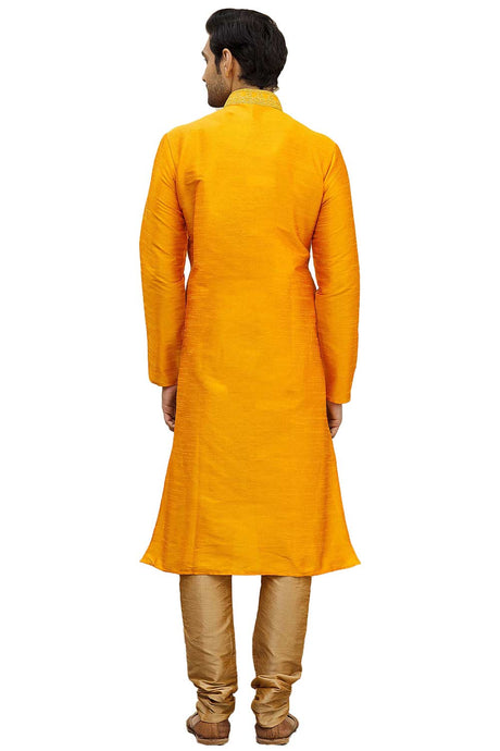 Men's Gold Yellow Cotton Embroidered Full Sleeve Kurta Churidar