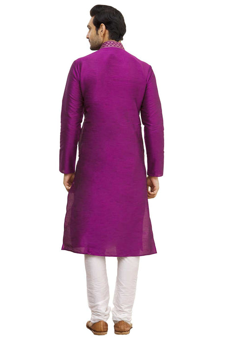 Men's Purple Cotton Embroidered Full Sleeve Kurta Churidar