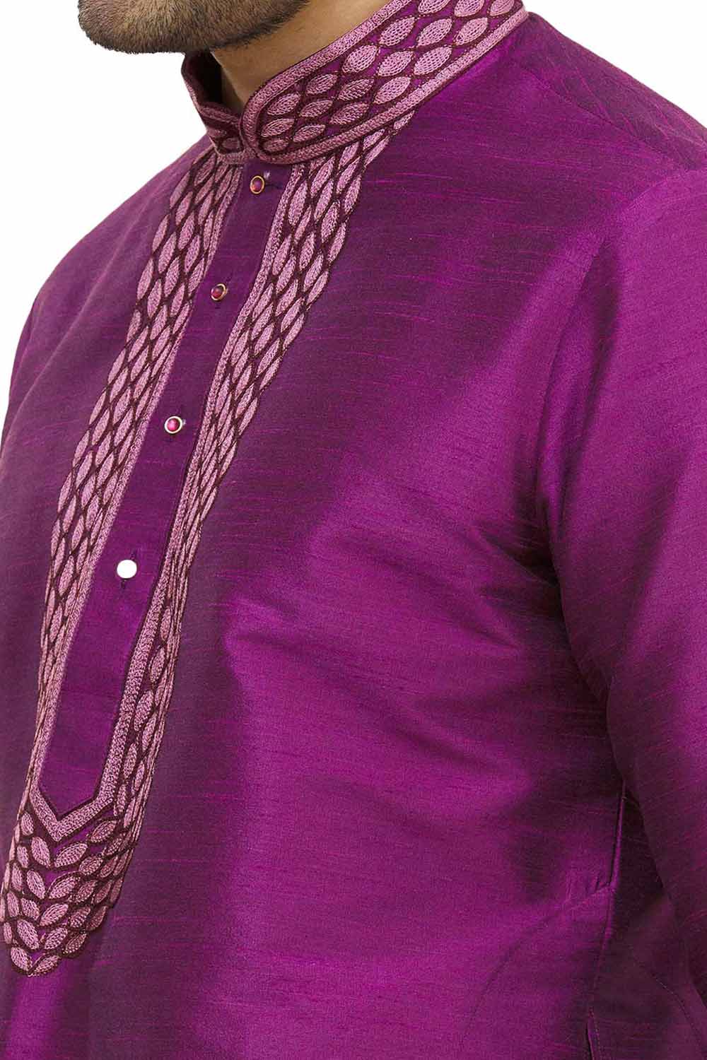 Men's Purple Cotton Embroidered Full Sleeve Kurta Churidar