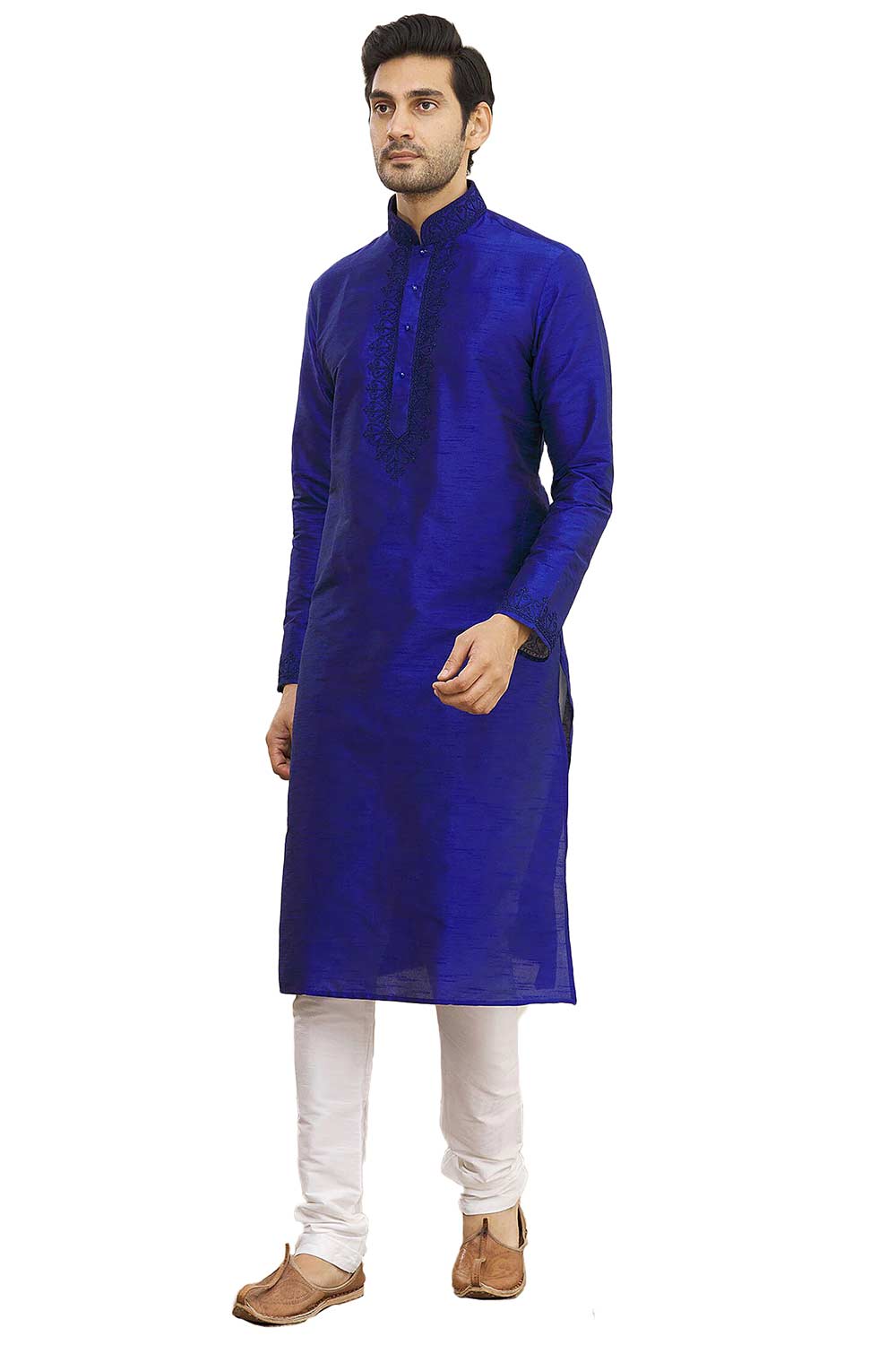 Men's Royal Blue Cotton Embroidered Full Sleeve Kurta Churidar