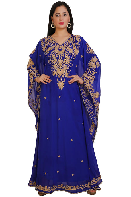 Buy Georgette Thread Embroidered Kaftan Gown in Royal Blue Online