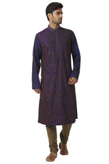 Men's Navy Blue Cotton Embroidered Full Sleeve Kurta Churidar