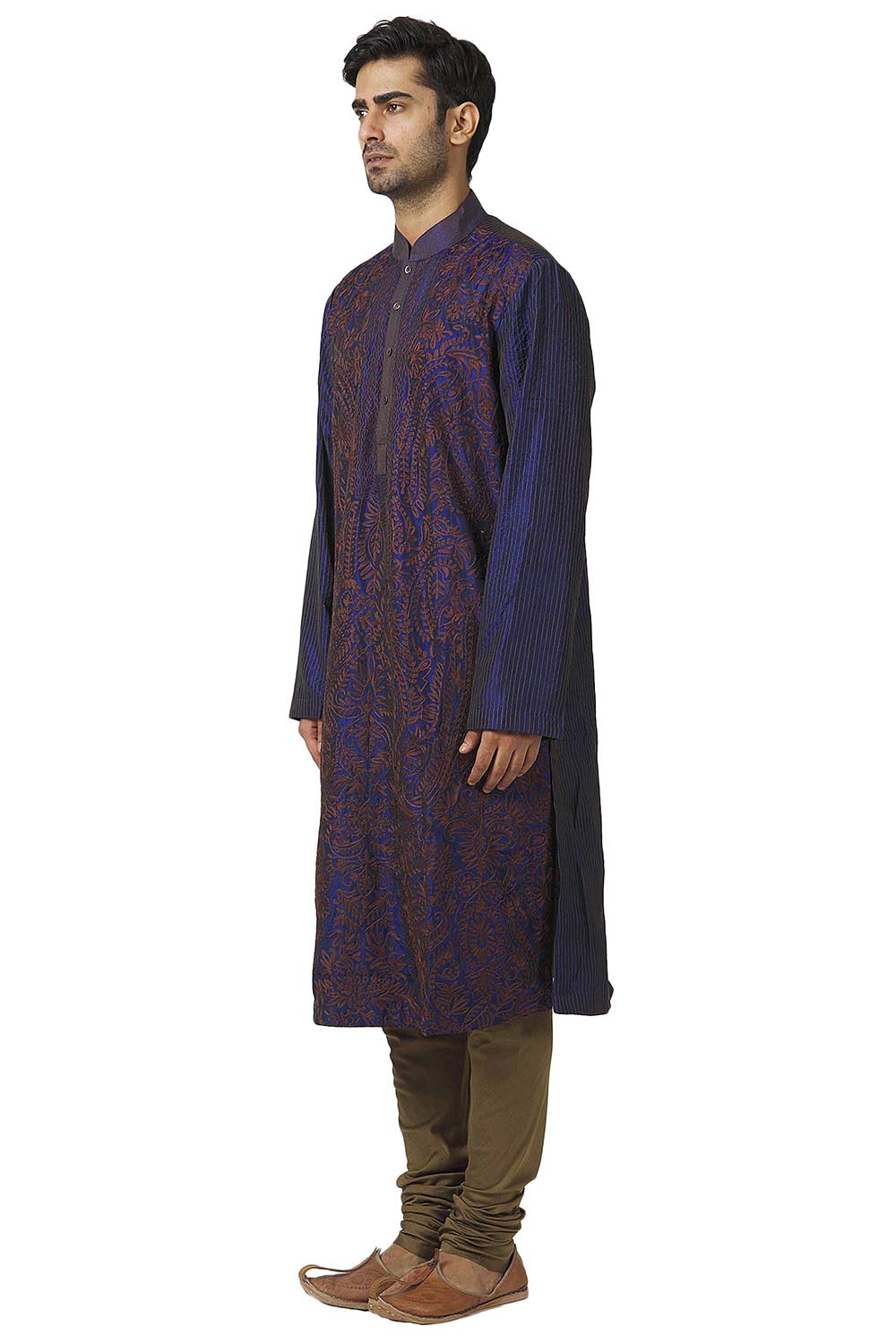 Men's Navy Blue Cotton Embroidered Full Sleeve Kurta Churidar