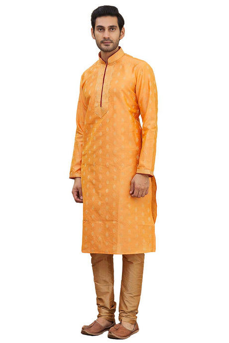 Men's Orange Cotton Embroidered Full Sleeve Kurta Churidar