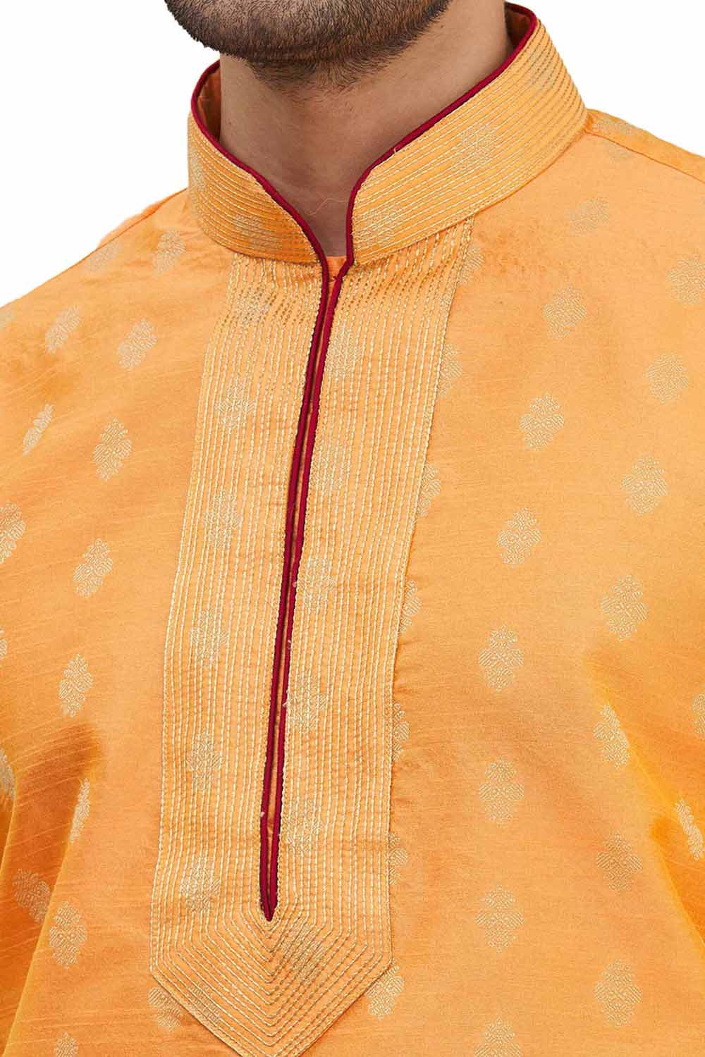 Men's Orange Cotton Embroidered Full Sleeve Kurta Churidar