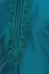 Men's Teal Cotton Embroidered Full Sleeve Kurta Churidar