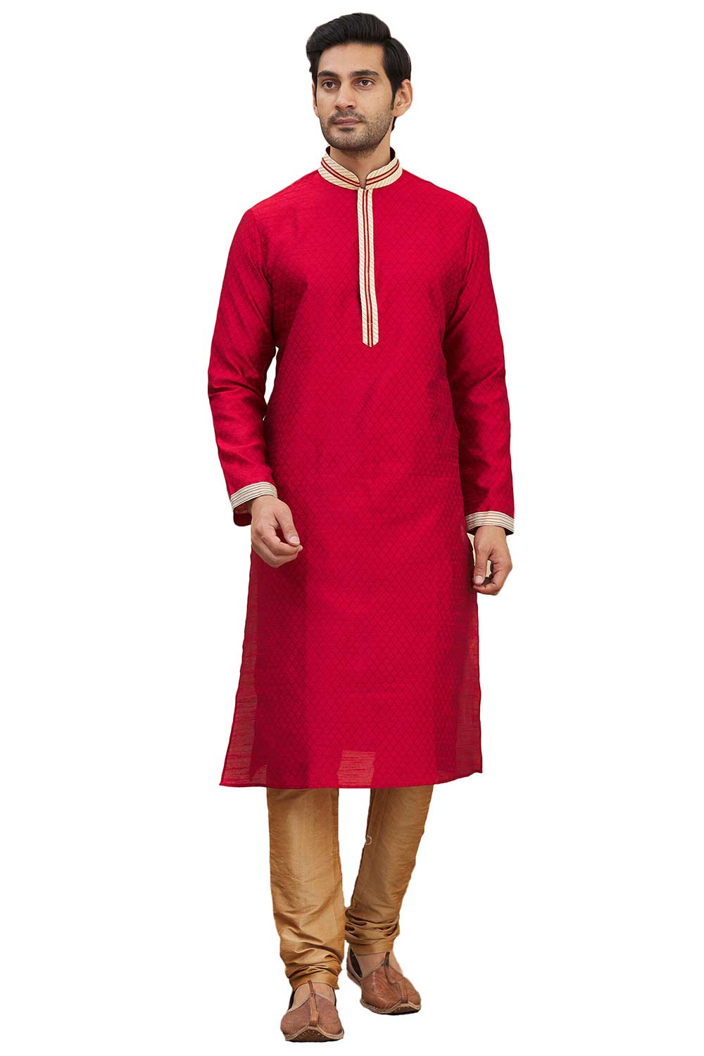 Men's Red Cotton Embroidered Full Sleeve Kurta Churidar