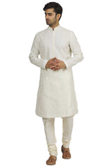 Men's Off White Cotton Embroidered Full Sleeve Kurta Churidar