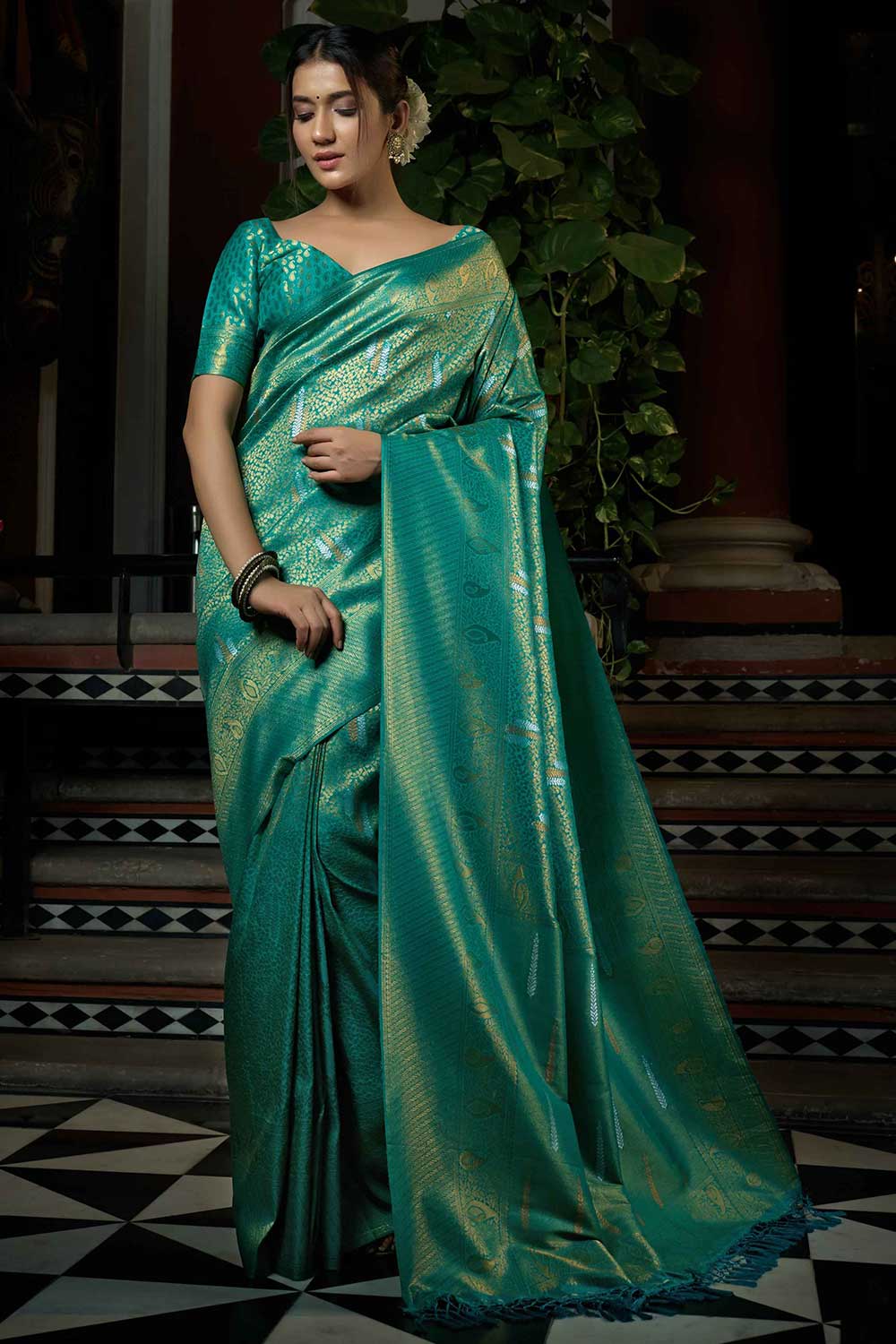 Teal Blue Art Silk Woven Saree