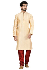 Men's Gold  Cotton Embroidered Full Sleeve Kurta Churidar