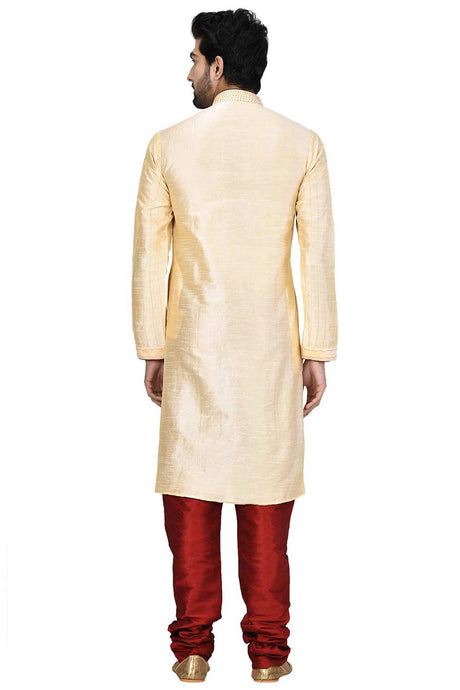 Men's Gold  Cotton Embroidered Full Sleeve Kurta Churidar