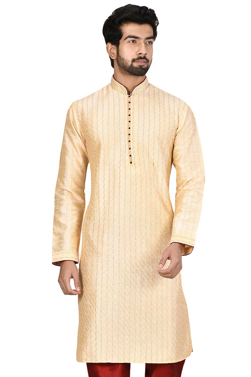 Men's Gold  Cotton Embroidered Full Sleeve Kurta Churidar