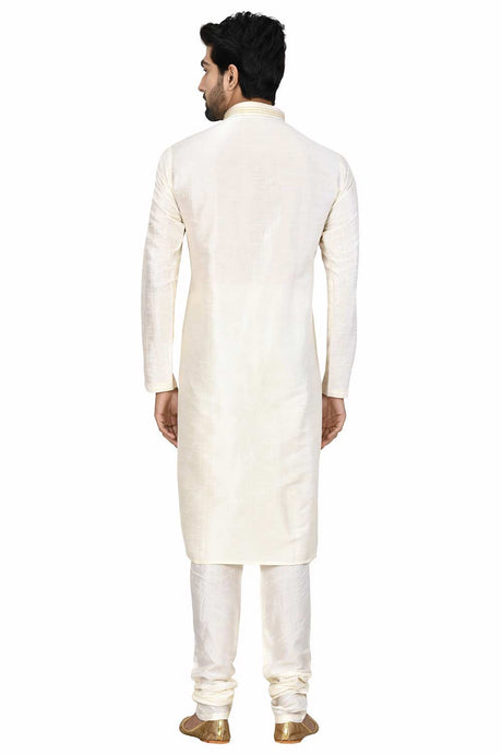 Men's Cream Cotton Embroidered Full Sleeve Kurta Churidar