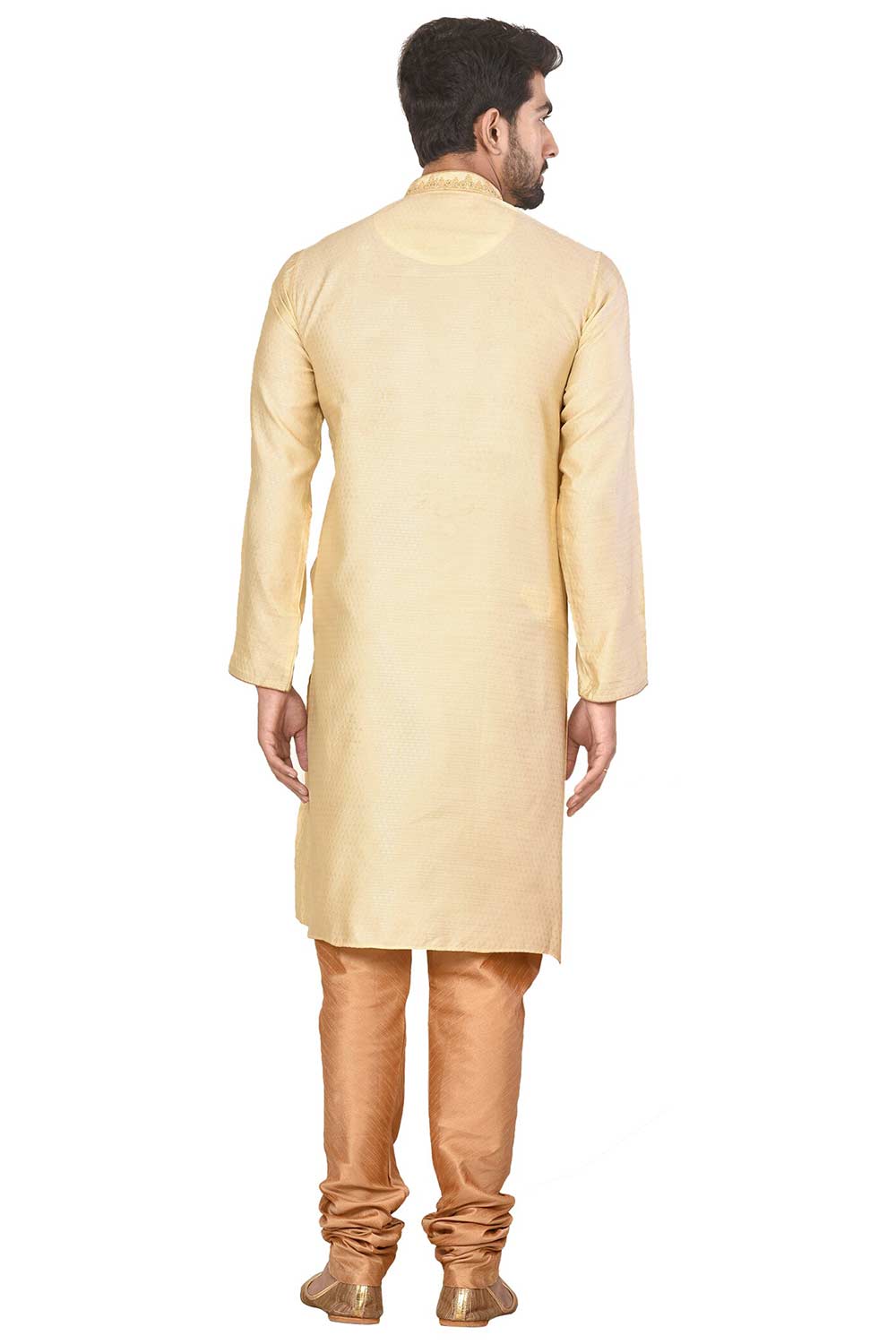 Men's Gold Cotton Embroidered Full Sleeve Kurta Churidar