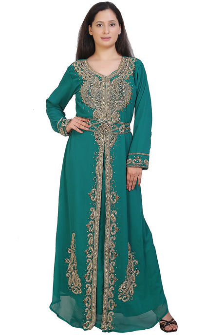 Buy Georgette Embellished Kaftan Gown in Sea Green Online