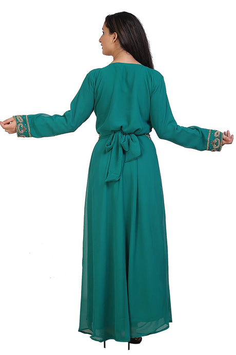 Buy Georgette Embellished Kaftan Gown in Sea Green Online - Back