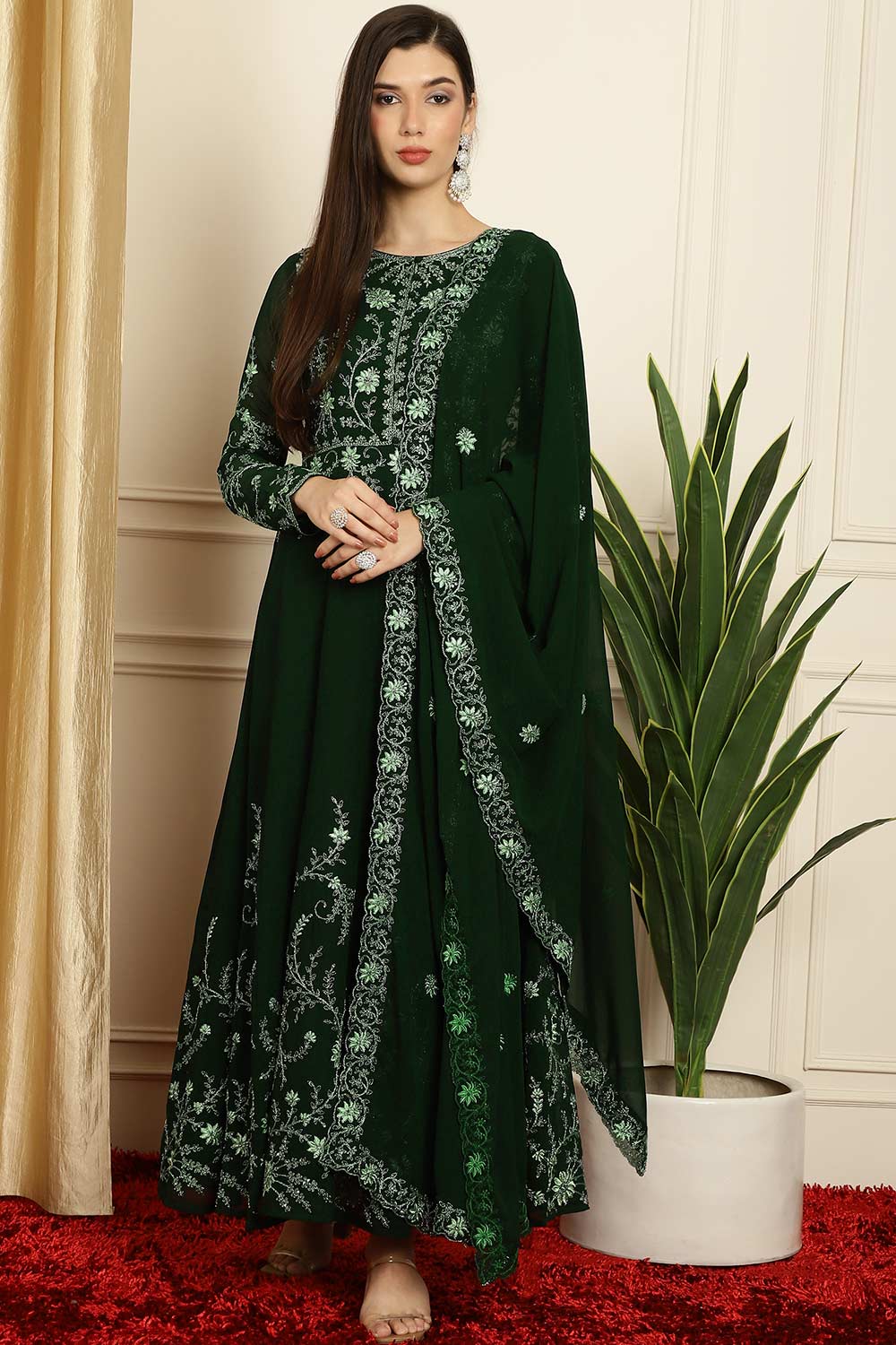 Green Georgette Embroidered Gown Style