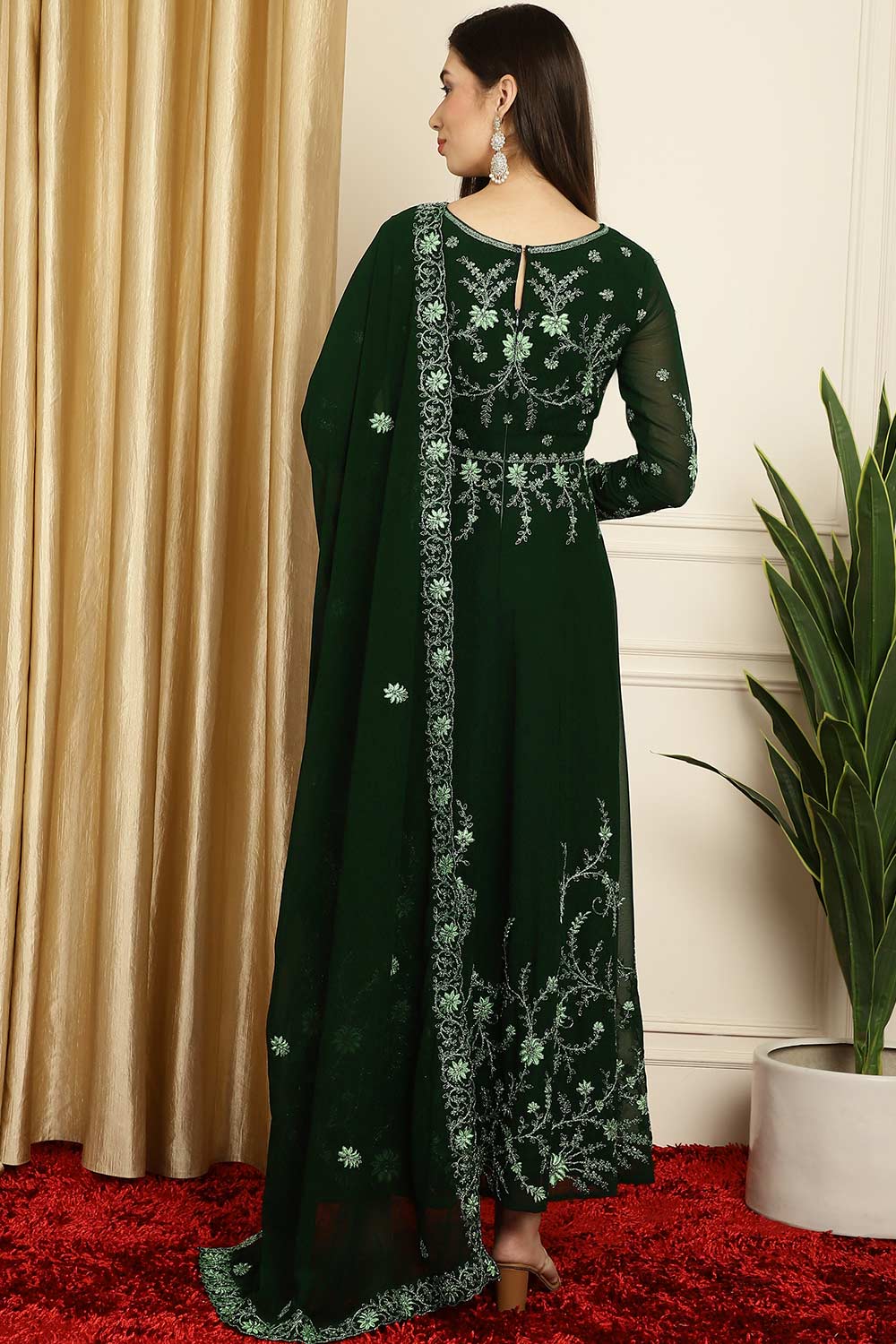 Green Georgette Embroidered Gown Style