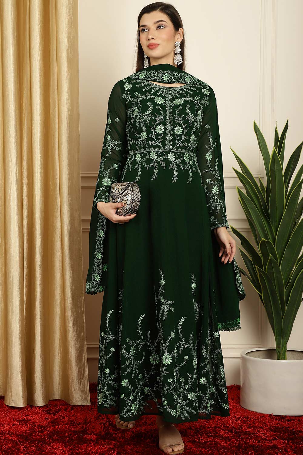 Green Georgette Embroidered Gown Style