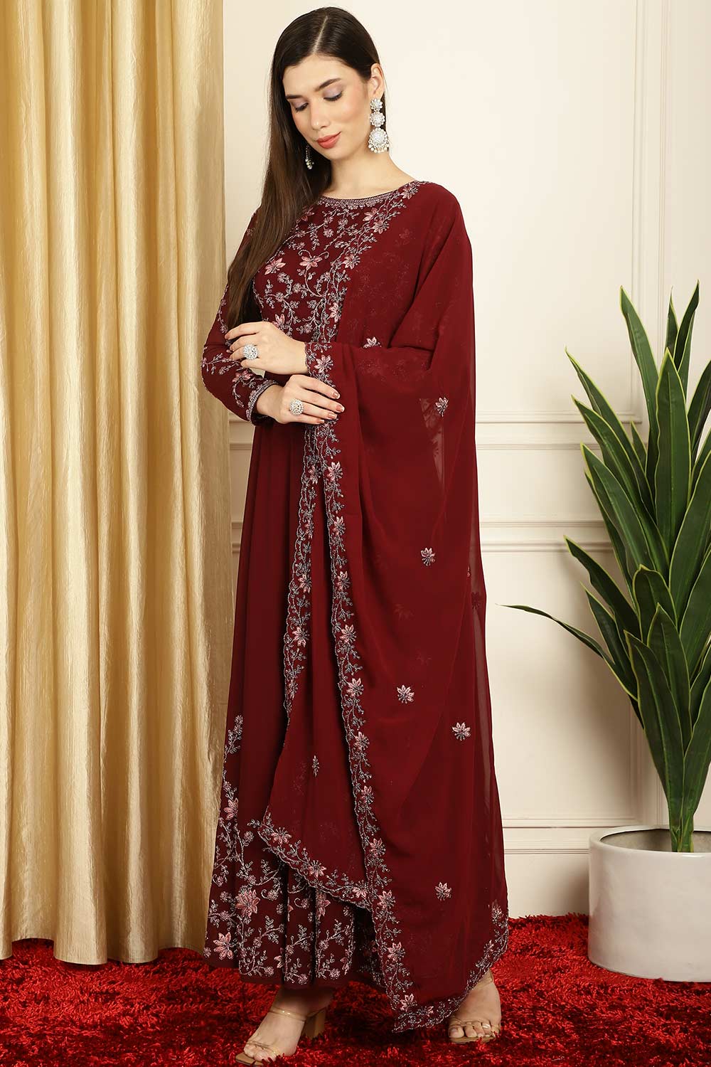 Maroon Georgette Embroidered Gown Style