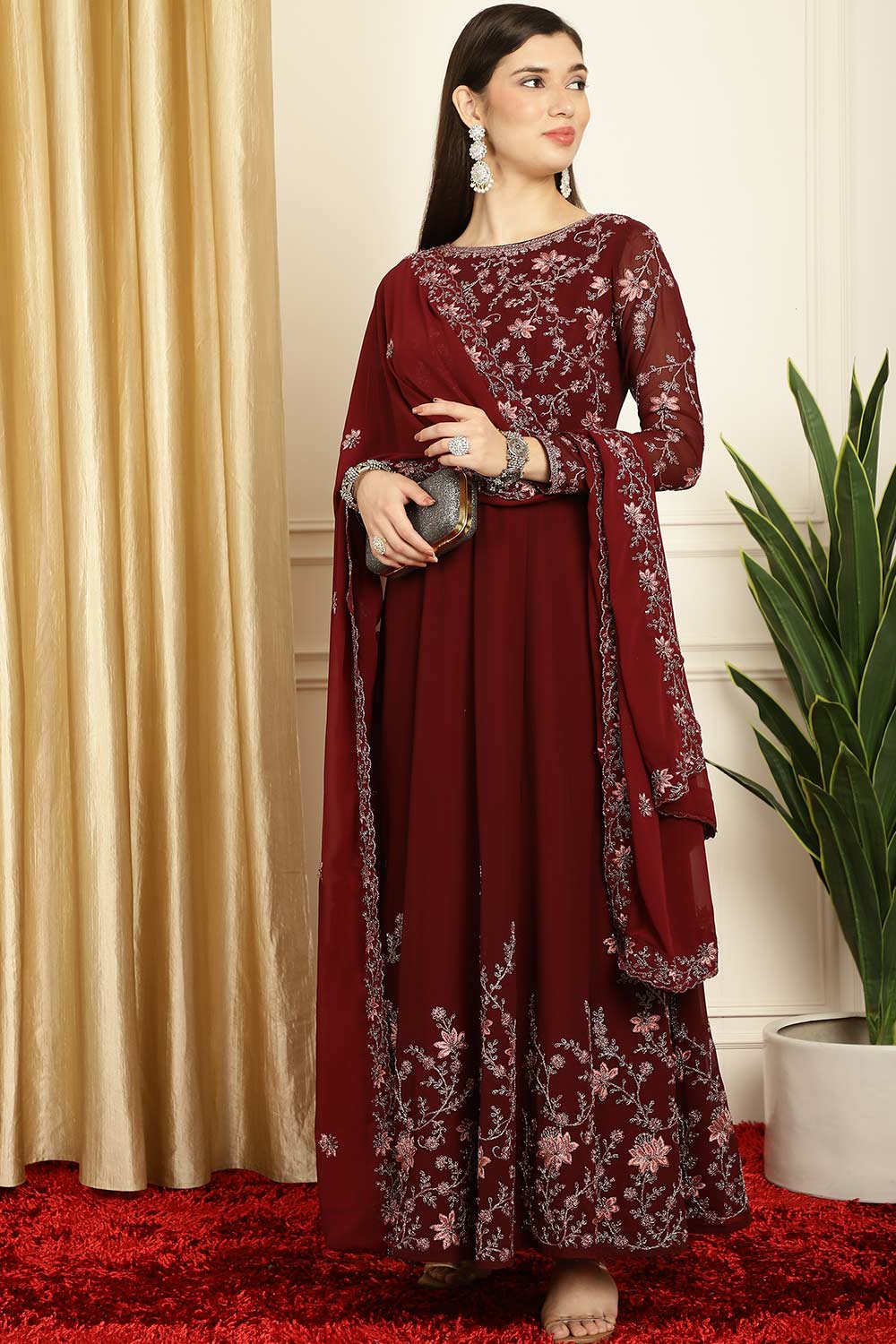 Maroon Georgette Embroidered Gown Style