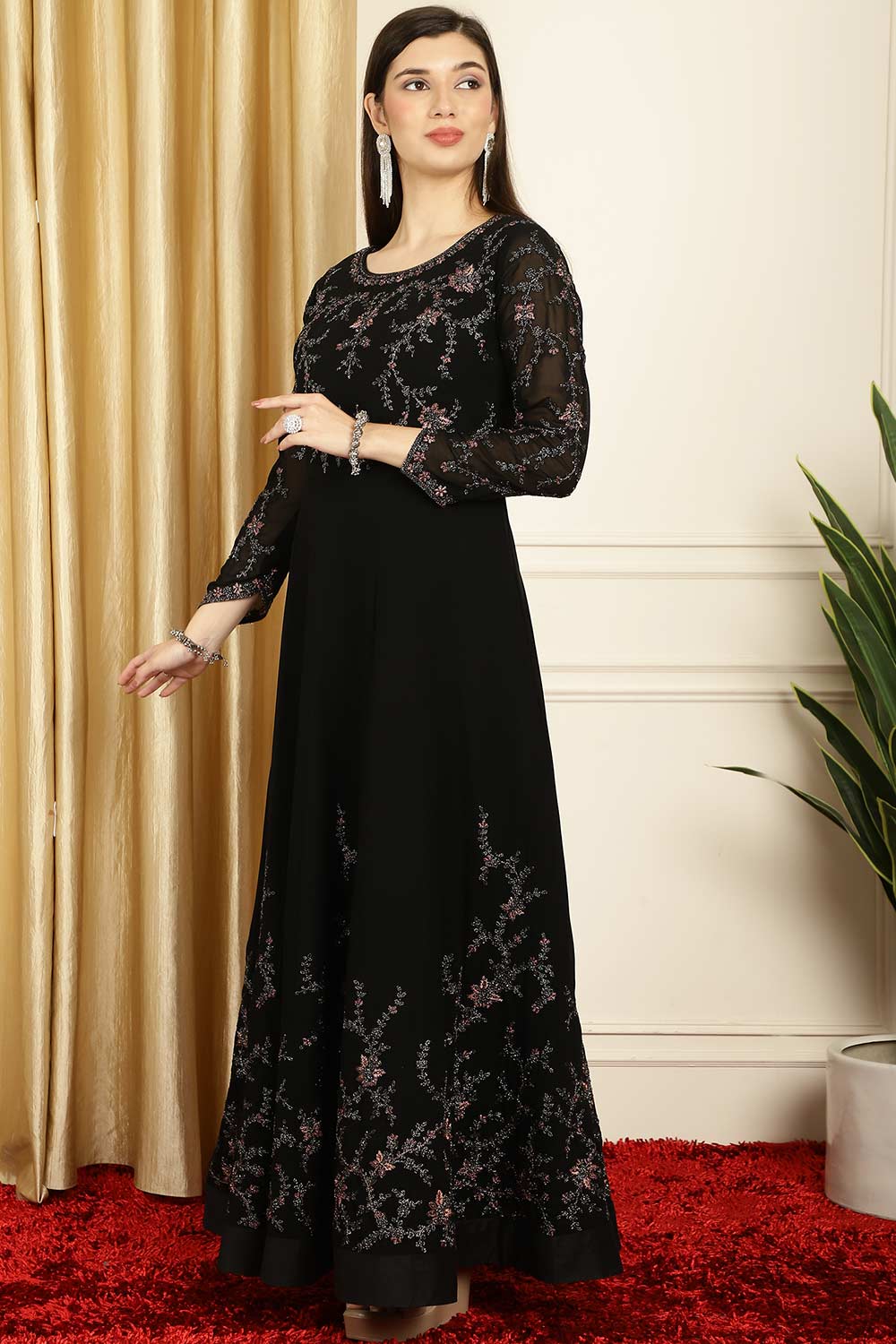 Black Georgette Embroidered Gown Style