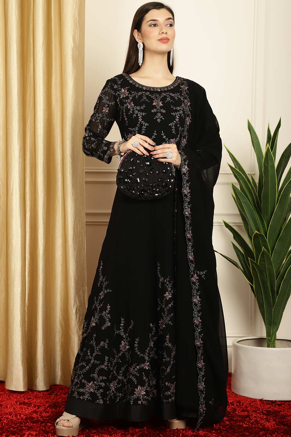 Black Georgette Embroidered Gown Style