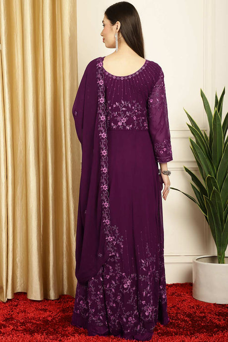 Burgundy Georgette Embroidered Gown Style