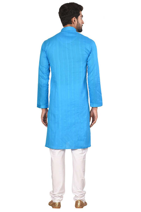 Men's Sky Blue Cotton Embroidered Full Sleeve Kurta Churidar