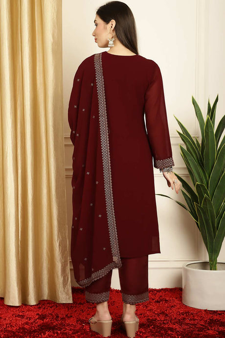 Marron Georgette Embroidered Salwar Suit