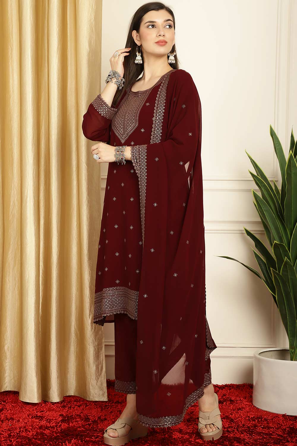 Maroon Georgette Embroidered Salwar Suit