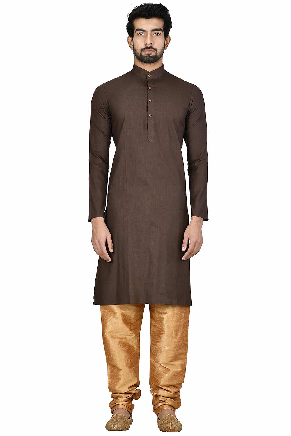 Men's Coffee Cotton Embroidered Full Sleeve Kurta Churidar