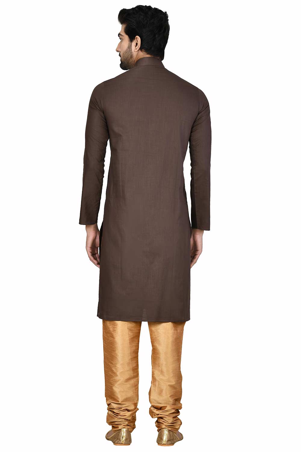 Men's Coffee Cotton Embroidered Full Sleeve Kurta Churidar