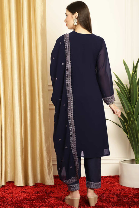 Navy Blue Georgette Embroidered Salwar Suit