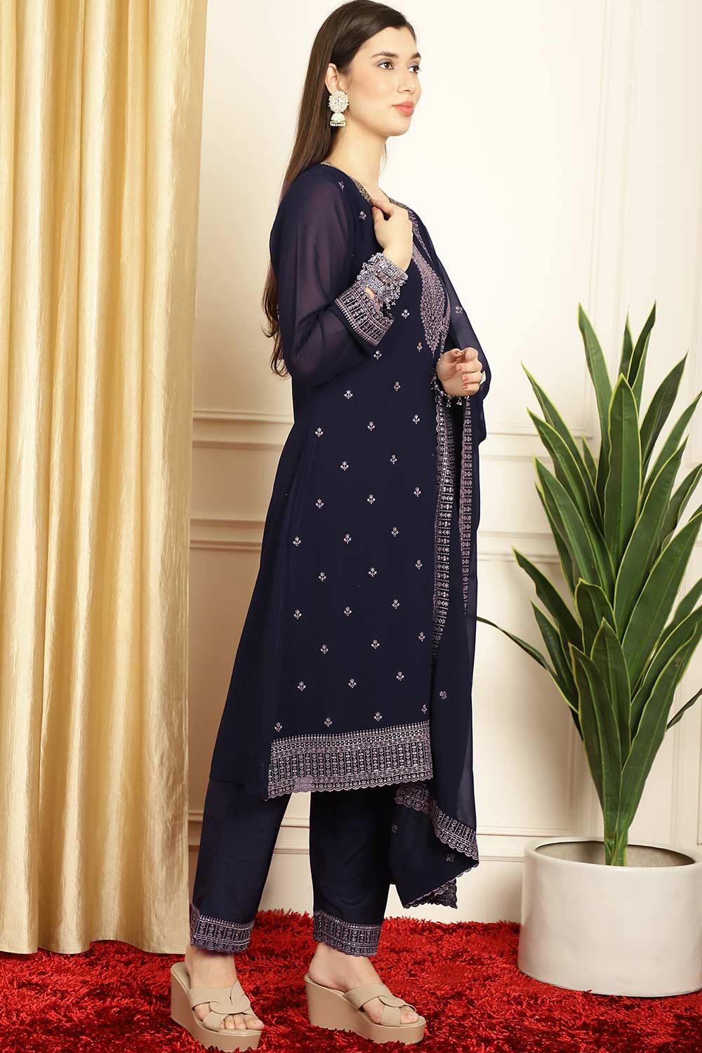 Navy Blue Georgette Embroidered Salwar Suit