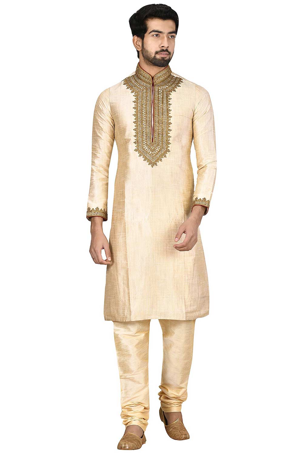 Men's Gold Cotton Embroidered Full Sleeve Kurta Churidar