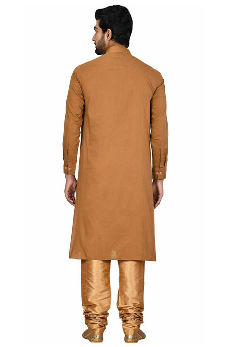 Men's Dark Orange Cotton Embroidered Full Sleeve Kurta Churidar